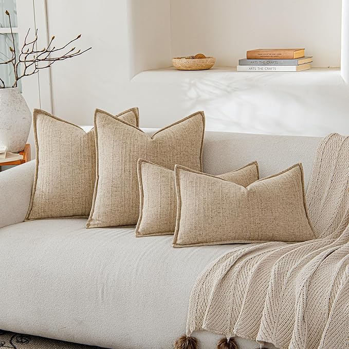 a moment Linen Pillow Covers Set of 2,Boho Farmhouse Throw Pillowcases Neutral Textured Decorative Covers for Couch Sofa, Soft Linen Blend Accent Case Cushion Living Room Home Decor 24"x24"Khaki