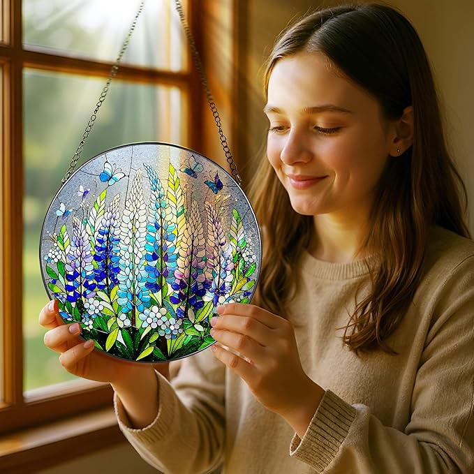 8-Inch Stained Glass Ornament, Stained Glass Window Hanging, Window Hanging Decor Suncatcher, Texas Bluebonnet Ornament | Christmas, Mother's Day, Birthday | Gifts for Mom, Garden Gifts for Friends