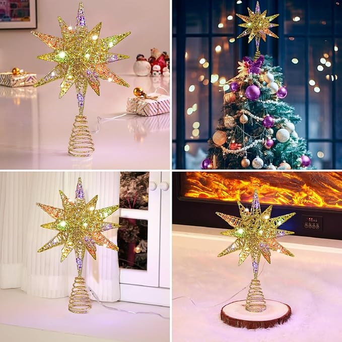 Lewondr Christmas Tree Topper, Plug in 3D Starburst Xmas Lighted Star Tree Topper, Remote Control & Timer Light Up Vintage Moravian Tree Topper for Christmas Decoraiton, Colorful Light, Gold