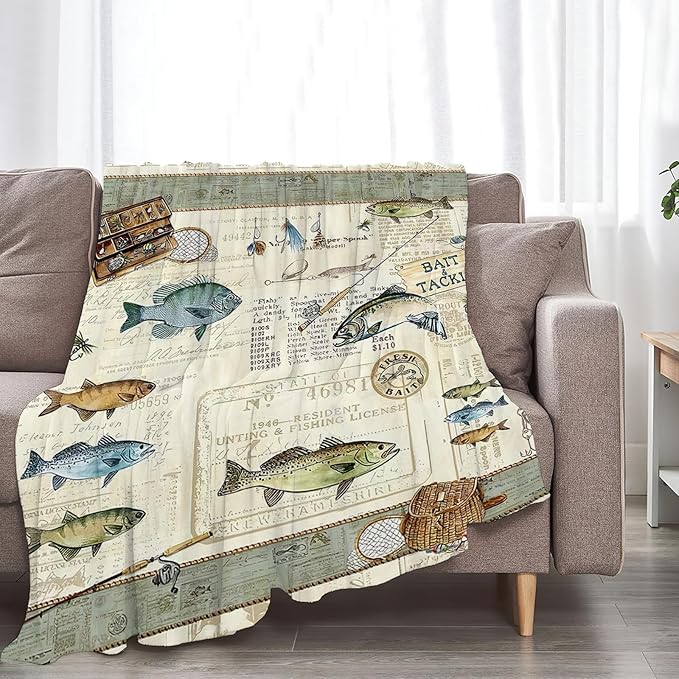 Tijuboni Fishing Throw Blanket Cabin Fishing Gifts for Men Boys Women Girls Adults Kids Soft Flannel Fleece Blanket for Couch Sofa Bed Home Decor 60"x80"