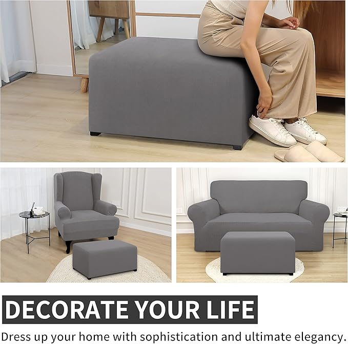 Easy-Going 100% Dual Waterproof Stretch Ottoman Cover Rectangle Folding Storage Stool Furniture Protector Soft Slipcover for Living Room with Elastic Bottom (X Large, Light Gray)