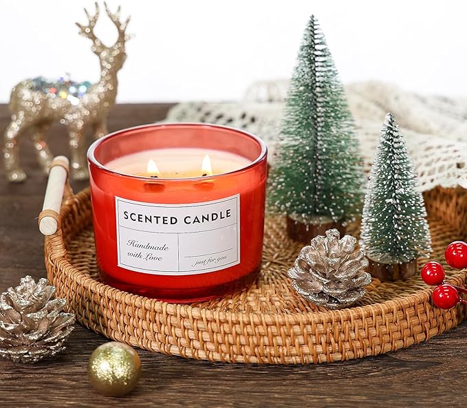 16oz Candle Jars 6 Pack, 3 Wick Christmas Red Glass Candle Jars with Bamboo Lids for Candle Making, Large Wide Mouth Empty Candle Container Bulk for 12/13/14/15oz Candles, Labels Included