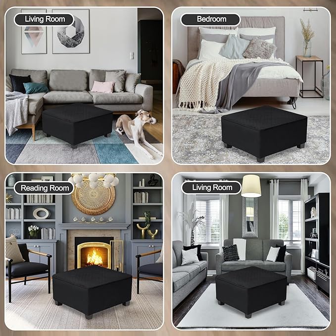 NeColorLife Waterproof Square Ottoman Cover,Thick Stretch Velvet Slipcover for Footstool,Non-Slip Soft Furniture Protector for Pets and Dogs,Black,Large