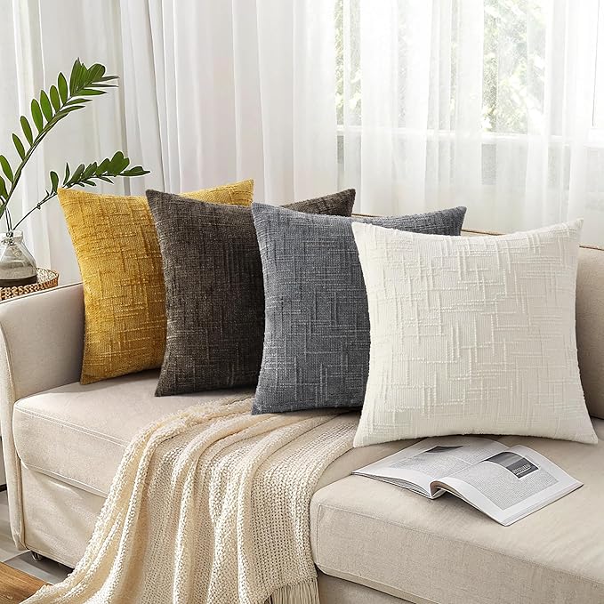 decorUhome Mustard Yellow Chenille Throw Pillow Covers 16x16 Set of 2 Thick Textured Slubby Couch Pillow Covers Farmhouse Accent Modern Neutral Decorative Pillow Cases for Bed Sofa Living Room