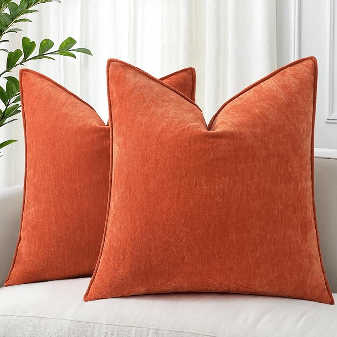 decorUhome Christmas Couch Throw Pillow Covers 20x20 Set of 2, Decorative Soft Euro Velvet Neutral Chenille Pillow Covers with Elegant Design for Sofa Bed Living Room Home Decor, Rust