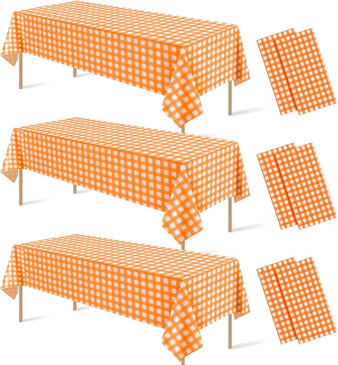 6 Pcs Orange Gingham Tablecloth Decorations, Disposable Plastic Orange and White Checkered Tablecloth Buffalo Plaid Table Cover for Autumn Thanksgiving Birthday Party Supplies,54 x 108 Inch