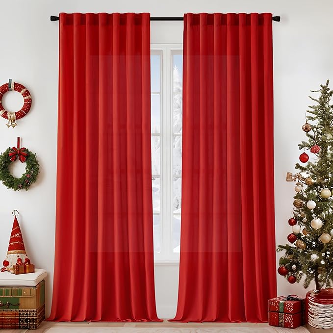EMEMA Non-See-Through Sheer Curtains 72 Inches Long, Light Filtering Semi Privacy Sheer Curtains for Living Room Bedroom, Window Drapes That Let Light in, 52x72 Inch, 2 Panels, Red