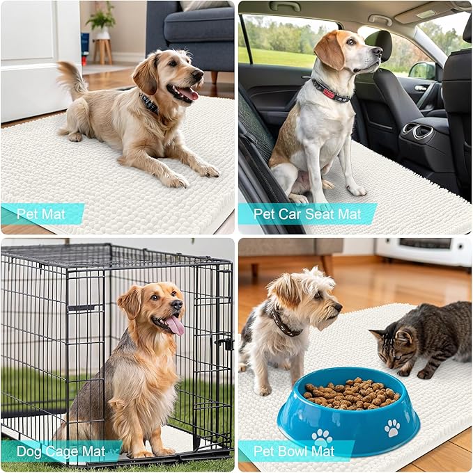 OLANLY Dog Door Mat for Muddy Paws 70x24, Absorbs Moisture and Dirt, Absorbent Non-Slip Washable Doormat, Quick Dry Chenille Mud Mat for Dogs, Entry Indoor Entryway Carpet for Inside Floor, Ivory