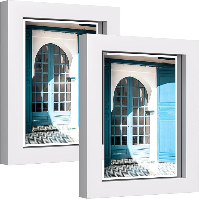 eletecpro 5x7 White Floating Picture Frames Set of 2, Real Double Glass Picture Frames for Wall Mount, Vertical or Horizontal Display Multi-Size Photos and Artworks up to 5 x 7 Inches, Home Decor