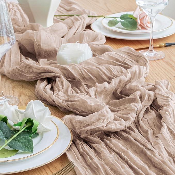 2PCS Table Runner Cheesecloth 10FT Nude Pink Boho Gauze Cheese Cloth Rustic Sheer Table Runners for Wedding Birthday Bridal Baby Shower Party Decoration