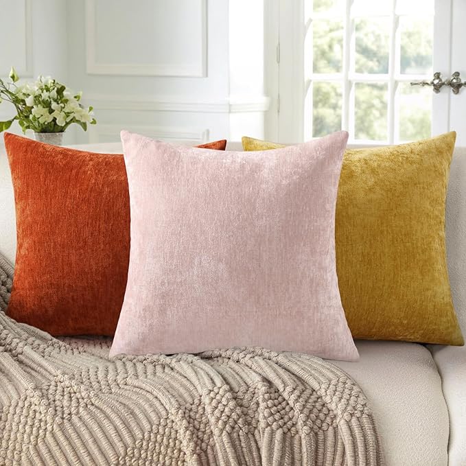 decorUhome Chenille Blush Pink Christmas Throw Pillow Covers 20x20 Inch Set of 2, Decorative Soft Couch Pillow Covers Solid Dyed Accent Farmhouse Neutral Square Pillow Cases for Sofa