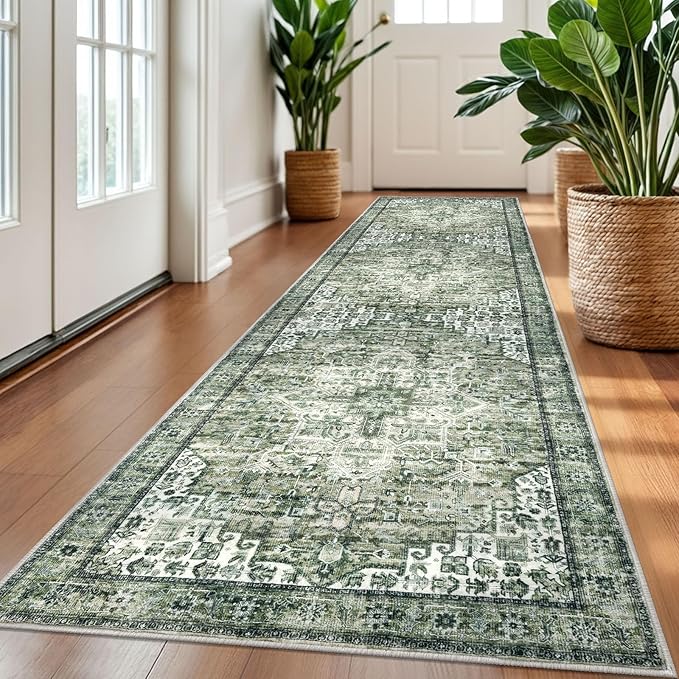 2.6x10 Washable Rug for Entryway, Green Soft Printed Area Rug, Non-Slip Kitchen Rugs, Low-Pile Medallion Indoor Door Mat, Small Farmhouse Carpet for Entrance Kitchen Foyer Bedside