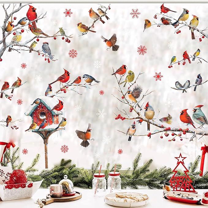Winter Window Stickers Christmas Window Clings Double-Sided Xmas Sticker for Indoor Outdoor Decor Winter Birds Tree Branch Windows Decals for New Year Christmas Holiday Party Living Room Home Decor