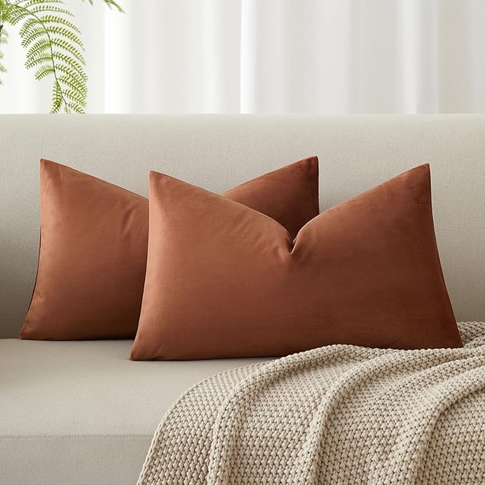 JUSPURBET 12x20 Throw Pillow Covers Set of 2 Decorative Pillow Covers for Couch Sofa Bed Cozy Velvet Lumbar Cushion Covers Cases with Invisible Zipper for Living Room Home Decor,Mocha Mousse