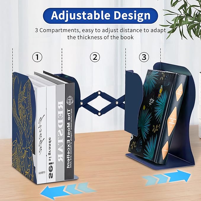 Dragon Bookends, Adjustable Bookends, Unique Book Holders for Shelves, Metal Book Ends for Heavy Books, Non-Skid Book Stander for Desk, Shelf, Office, Stationery Gift (Blue 2)