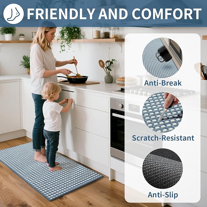 Kitchen Mats for Floor, Super Absorbent Kitchen Rugs Non Slip Washable, Rubber Backing Soft Chenille Braided Kitchen Runner Rug Standing Mat Sink Mat, Easy to Clean, Blue 17"x30"
