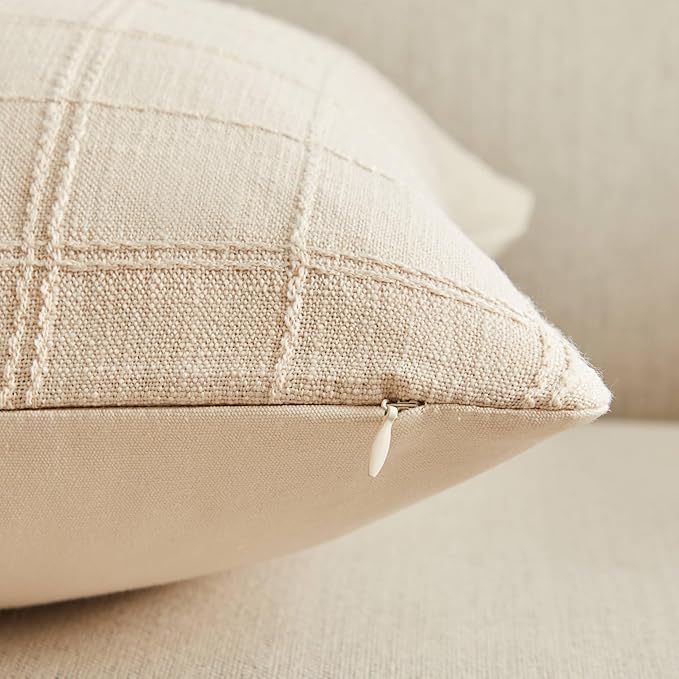 ZeeMart Linen Checked Throw Pillow Covers Set of 2, 16x16 Inch Beige/Cream, Farmhouse Decorative Single Sided Grid Embroidered Couch Pillow Cases Neutral Cotton Linen Cushion Covers
