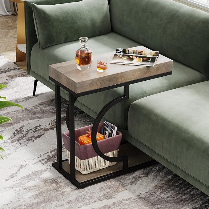 Tribesigns Narrow Side Table C Shaped End Table Modern Bedside Tables for Couch, Small Sofa Chairside Tables with Metal Frame for Living Room (1, Gray+Black)