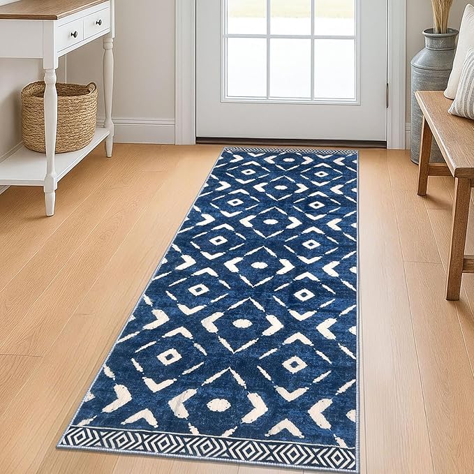 KILOCOCO Kitchen Runner Rug Washable Runner Rug Soft Hallway Runners Non Slip Printed Distressed Laundry Room Rugs, Low-Pile Runners for Entryway/Bedroom/Kitchen/Living Room, 2x5 Blue
