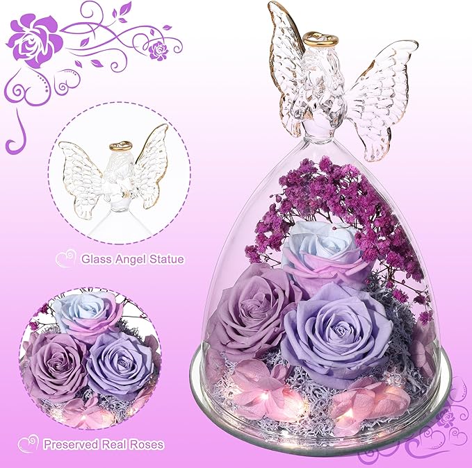 Christmas Rose Gifts for Women Preserved Real Flower in Glass Angel Figurines Roses for Delivery Prime Birthday Gifts for Mom Grandma Girlfriend Wife Her, Multi Purple