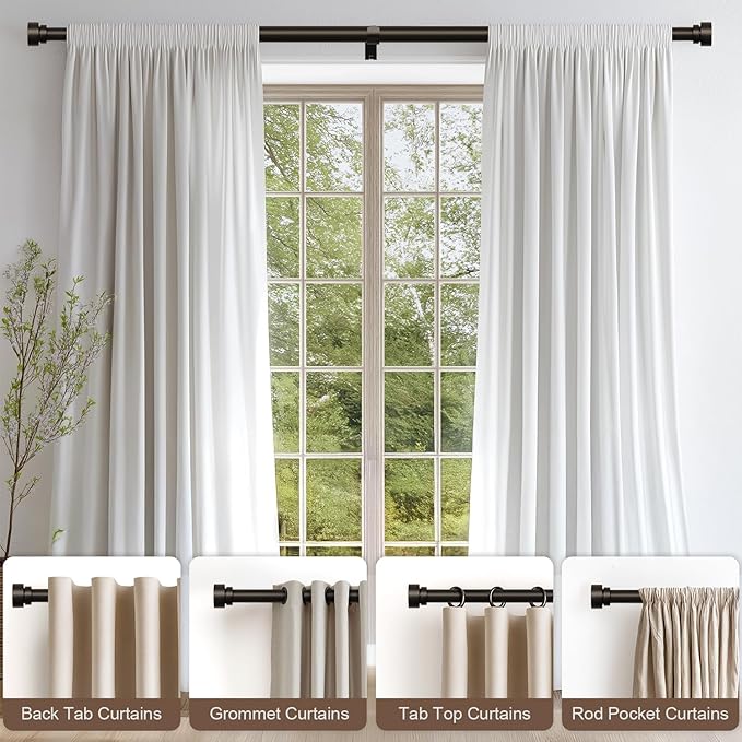 2 Pack Modern Brown Curtain Rods Set for Windows 66 to 120 Inches Adjustable Length Heavy Duty 1" Diameter Window Curtain Rod with Decorative Finials for Outdoor Bedroom Kitchen Living Room