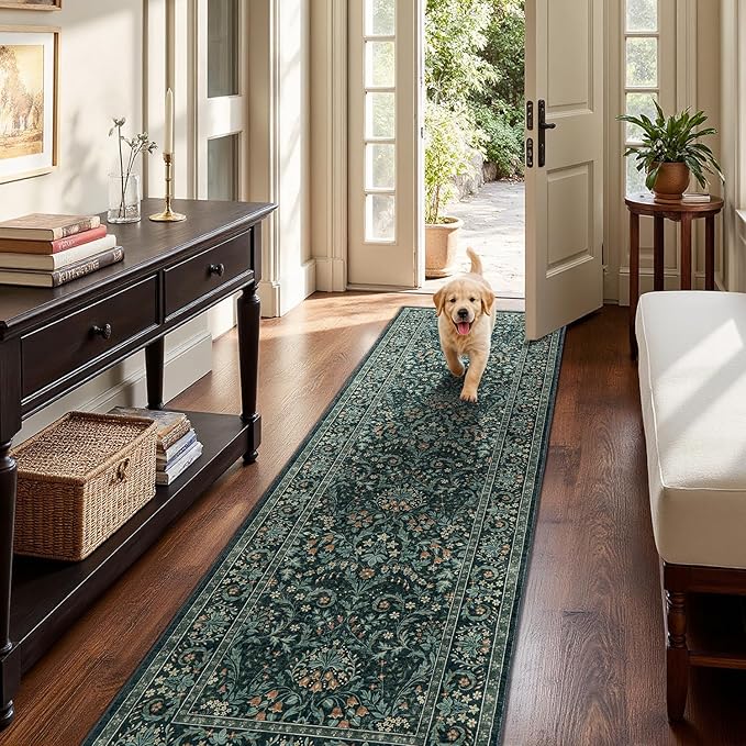 Woaboy Washable 2.6x8 Runner Area Rug, Hallway Kitchen Bedroom Beside Laundry Room Bathroom Rug，Non-Slip Low Pile Stain Resistant Soft Carpet for Vintage Boho Floral Home Decor Dark Green