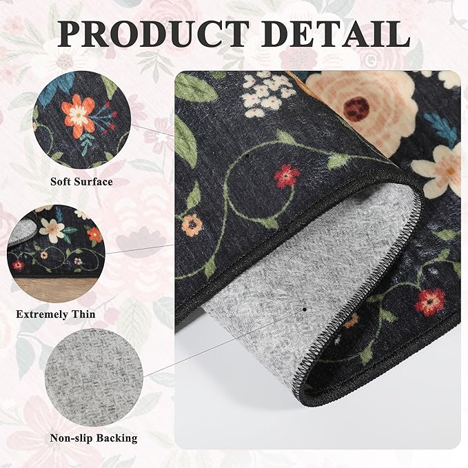 DUKINO Floral Round Rug, 4ft Washable Round Area Rug, Non Slip Indoor Low Pile Circle Rug, Soft Small Boho Design Circle Rug for Bedroom, Entryway, Living Room, Dining Room,Black