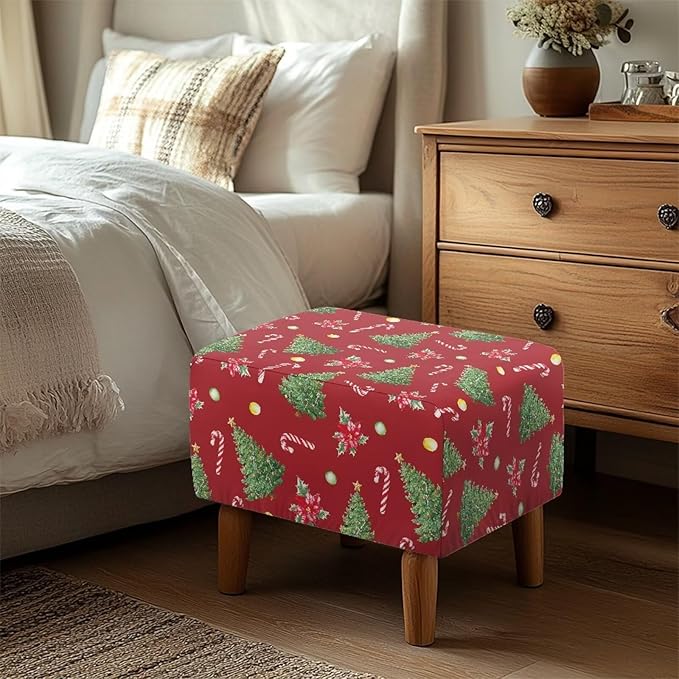 Ottoman Cover Rectangular Christmas Tree Candy Cane Stretch Ottoman Slipcovers Nonslip Storage Footrest Stool Cover Easy Install Furniture Protector for Foot Stool Decor Size L