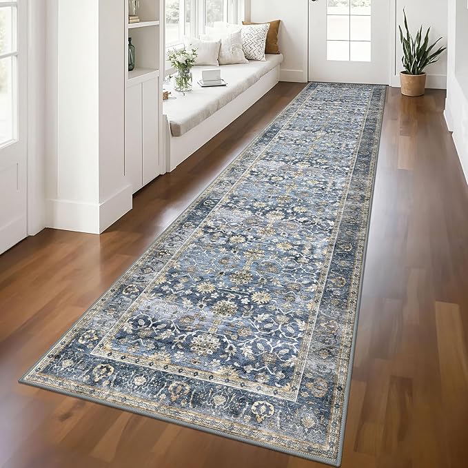 KUTA Vintage Long Runners for Hallways, 2.6x12 Blue Grey Beige Washable Non-Slip Kitchen Rugs Ultra Thin Soft Printed Distressed Oriental Floral Floor Carpet for Laundry Bedroom Living Room Nursery