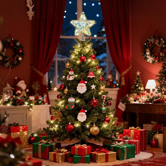 Christmas Tree Topper Star Iridescent Tinsel Star Tree Topper 10 Inch Lighted Tree Topper Battery Operated Christmas Tree Decoration for Holiday Indoor Decoration Warm White Light