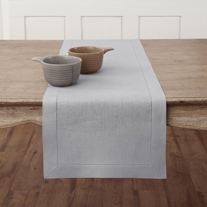 Solino Home Linen Soft Grey Table Runner 48 Inches - Classic Hemstitch, 100% Pure Linen Coffee Table Runner 14 x 48 Inch Ideal for Dresser Tables - Winter, Spring, Easter