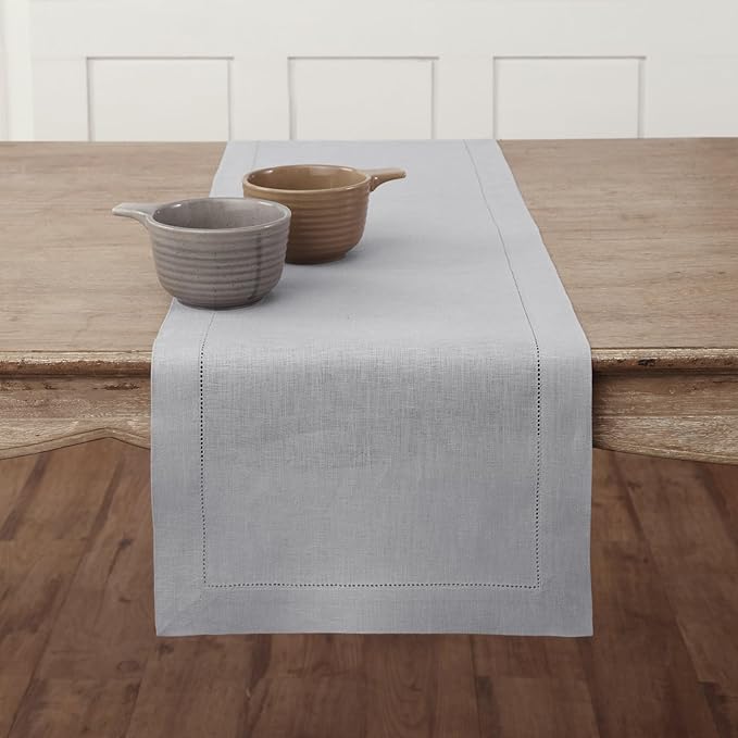 Solino Home Linen Soft Grey Table Runner 90 Inches Long - 100% Pure Linen Hemstitch 14 x 90 Inch Table Runner for Dining, Spring, Easter - Classic Hemstitch