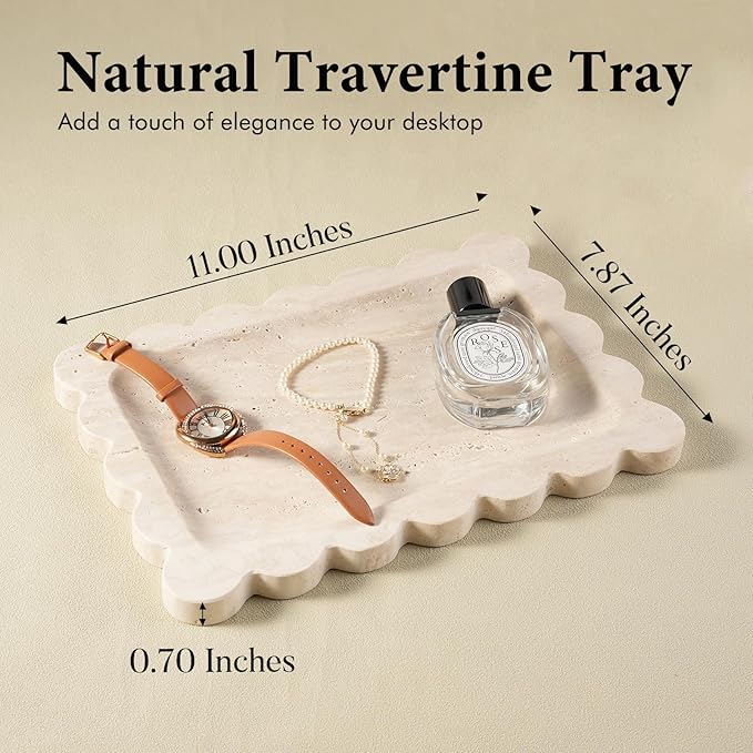 Koville Romano Travertine Tray, 11"x8" Natural Marble Scalloped Tray for Jewelry Cosmetics Perfume Trinket, Stone Vanity Tray for Countertop Bathroom Kitchen Dresser, Travertine Decor(Beige)