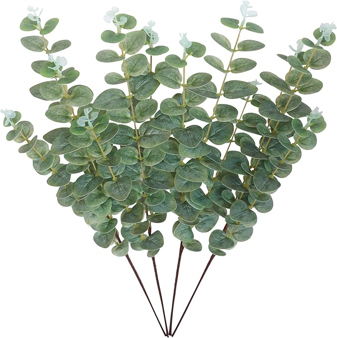 Forlaoers 4pcs 32" Tall Gray Green Artificial Eucalyptus Leaves Greenery Stems Fake Flowers Plants Branches for Vase Home Decor Indoor Arrangements Decoration