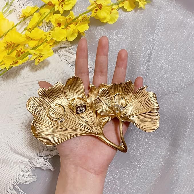 Metal Jewelry Dish, Small Leaf Shaped Ring Holder Jewelry Organizer, Trinket Dish Vanity Tray for Dresser Christmas Birthday Wedding Gifts 2-Tier Ginkgo-Gold