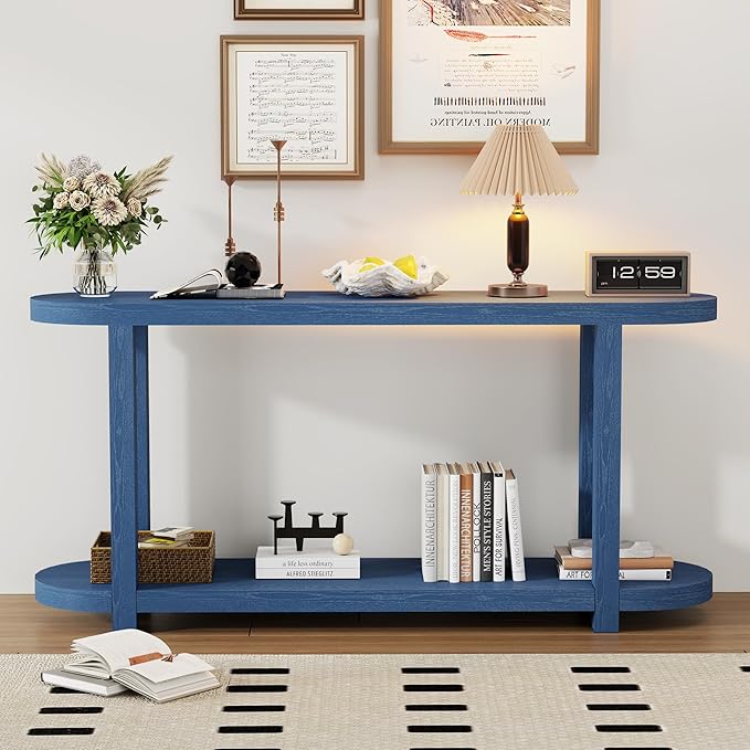 Modern Minimalist Console Table Entryway Table with Streamlined Desktop Design, 63'' Long Ash Veneer Curved Accent Sofa Table for Living Room Hallway Foyer Corridor (Navy Blue-VE)