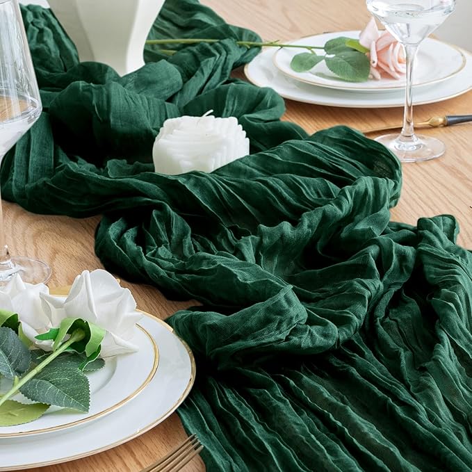 Table Runner Cheesecloth 10FT Emerald Green Boho Gauze Cheese Cloth Rustic Sheer Table Runners for Wedding Bridal Baby Shower Party Decoration