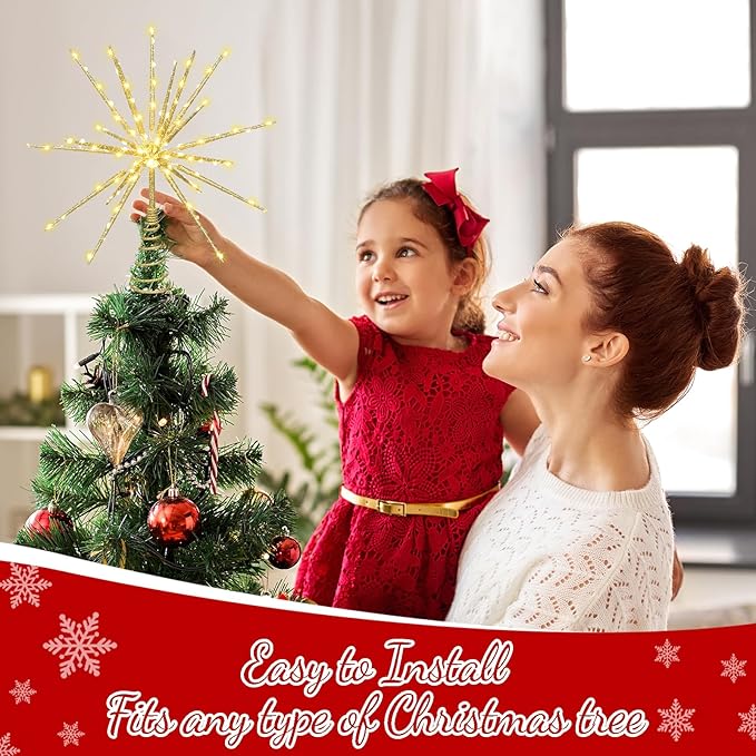HMASYO 15 Inch Twinkling Starburst Christmas Tree Star Topper, 19-Point Gold Star Tree Topper with 150 LED, Remote Control & Timer, USB Power for Indoor Home Holiday Party Xmas Tree Decoration