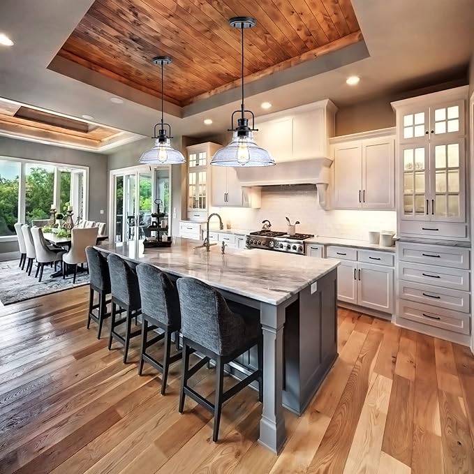 Glass Pendant Light，Black Pendant Light Fixtures with Seeded Glass Shade, Adjustable Height Hanging Lights for Hallway, Kitchen Island, Dinning Room（Bulb not Included）