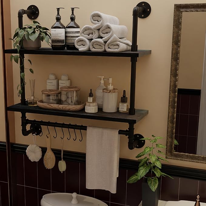 ROGMARS Industrial Pipe Bathroom Shelves Shelving,24" Black Floating Shelves for Bathroom with Towel Bar Hooks,Kitchen Wall Mounted Shelves Coffee Bar Shelf for Living Room Bedroom