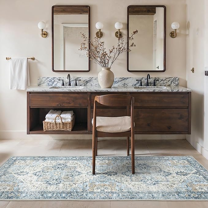 Runner Rug 2'6''x6, Non Slip Vintage Hallway Runner Rugs, Machine Washable Runners, Low Pile Lightweight Mat for Entryway, Hallway, Kitchen and Corridor, Blue