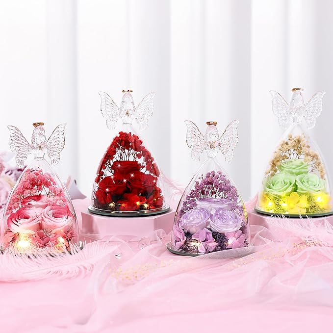 Christmas Rose Gifts for Women Preserved Real Flower in Glass Angel Figurines Roses for Delivery Prime Birthday Gifts for Mom Grandma Girlfriend Wife Her, Crystal Red