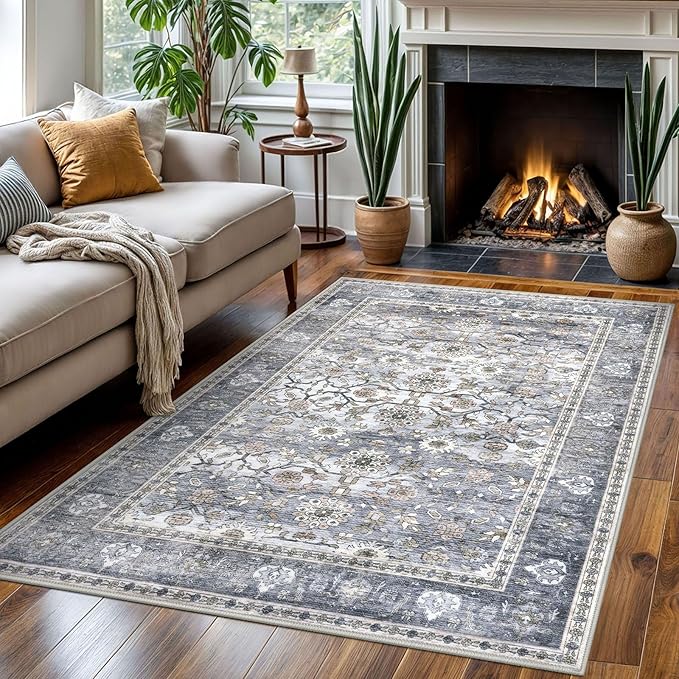 KUTA Washable Rug 4x6 Area Rug, Vintage Rug Indoor for Living Room, Non Slip Machine Washable Large Rugs, Soft Print Distressed Grey Blue Farmhouse Carpet for Bedroom Dining Room Dorm Office