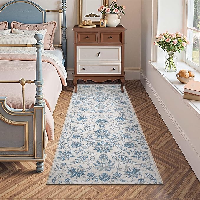 jinchan Torino Runner Rugs 2x5 - Vintage-Inspired Floral Design Machine Washable Non-Slip Ultra-Thin Low-Pile Rubber Backing Runner Rug for Kitchen Hallway Laundry Room Entryway Dark Blue