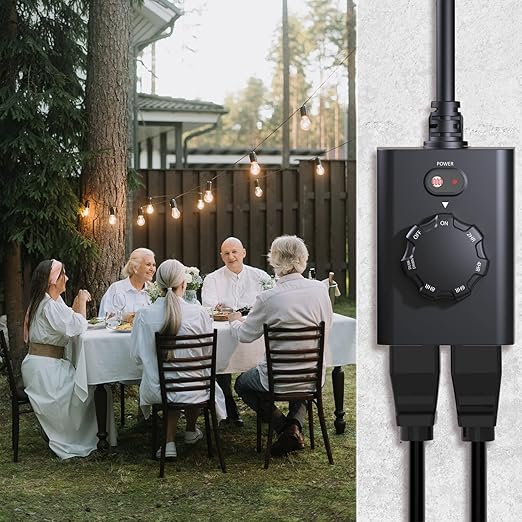 Minoston Outdoor Timer 2 Pack, Dusk to Dawn Outlet With 2 Grounded Outlets, 2-8 Hour Settings for Halloween Christmas Lights, ETL Listed (MP41T)