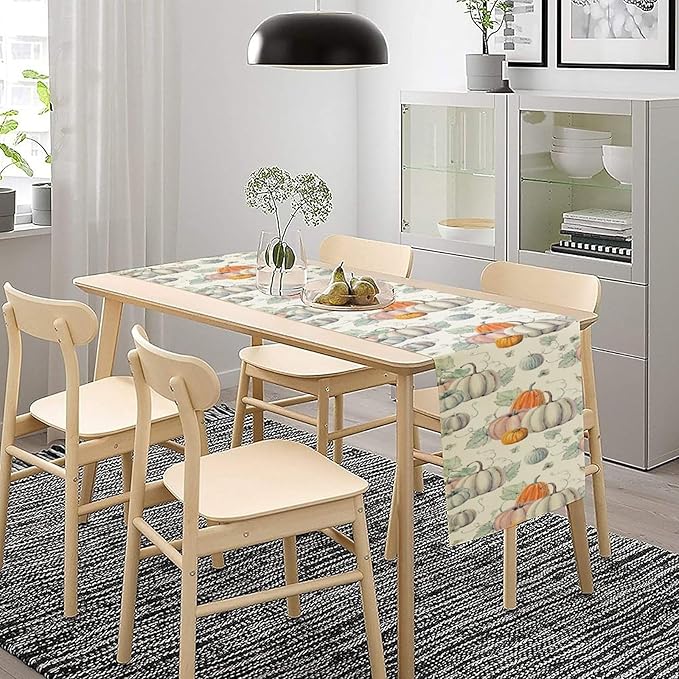 Fall Pumpkin Table Runner Vintage Leaves Plant Motifs Thanksgiving Theme Watercolor Illustration Home Decor for Farmhouse Indoor Outdoor Party Holiday Dining Kitchen Restaurant Cafe W13xL72in