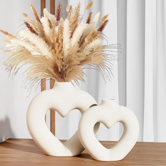 White Heart Ceramic Vases for Decor, Heart Shaped Ceramic Vase Set of 2, Nordic Shaped Vases, Minimalist Decorative Vase for Table Centerpiece Wedding Dining Living Room Office House Decoration