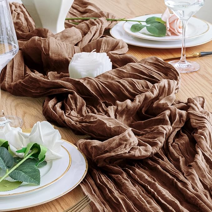 4PCS Table Runner Cheesecloth 10FT Brown Boho Gauze Cheese Cloth Rustic Sheer Table Runners for Wedding Bridal Baby Shower Party Decoration