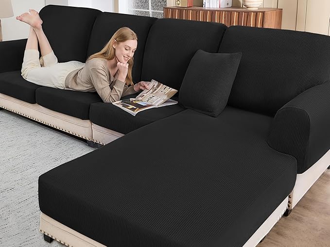 Sectional Couch Covers for Sofa Cushion L Shaped Couch Cover Washable Soft Couch Cushion Covers Stretch Sofa Slipcovers with 2 Pcs Pillowcases(3-Piece 2 Seater + 1 Chaise, Black)