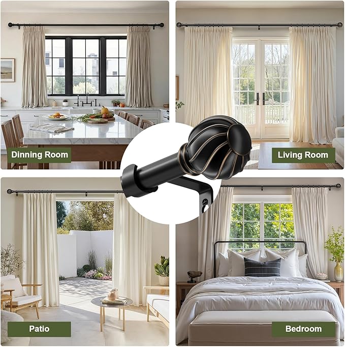 Oneach 2 Pack Black Curtain Rods for Windows 72 to 144 Inch, 7/8" Adjustable Heavy Duty Decorative Drapery Rods with Round Netted Texture Finials (36 to 150 Inch)
